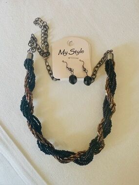 Beaded Necklace Earring Set Black Brown Twist Strand NWT My Style